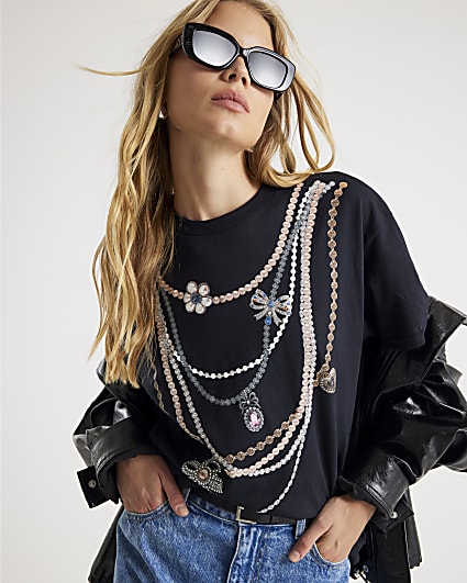 Black Short Sleeve Layered Necklace T-shirt