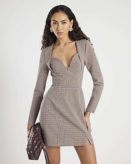 Brown Check Long Sleeve Corset Mini Dress