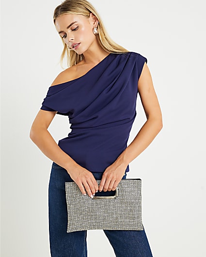 Petite Navy Off Shoulder Drape Top