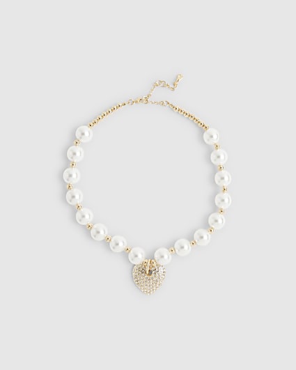 White Pearl Paved Heart Necklace