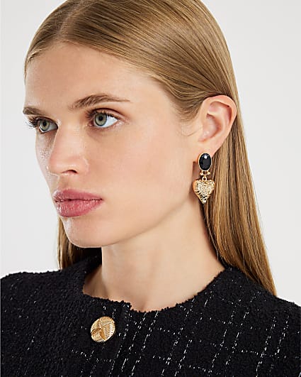 Black Stone Heart Drop Earrings