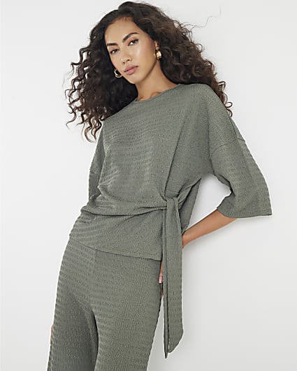 Khaki Short Sleeve Textured Tie T-shirt