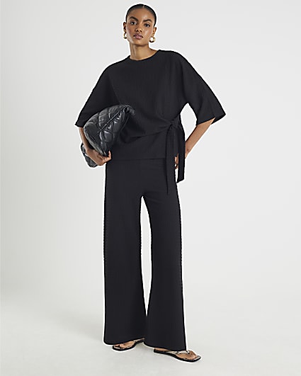 Black Textured Wide Leg Trousers