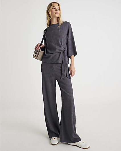 Grey Textured Wide Leg Trousers