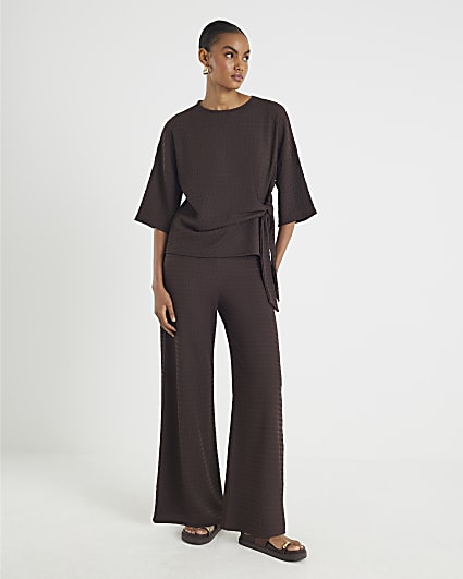 Brown Textured Wide Leg Trousers