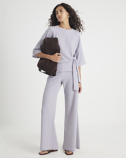 Grey Textured Wide Leg Trousers