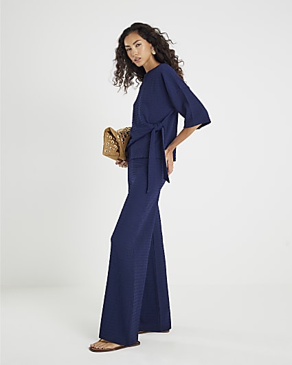 Navy Textured Wide Leg Trousers