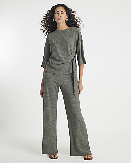 Khaki Textured Wide Leg Trousers