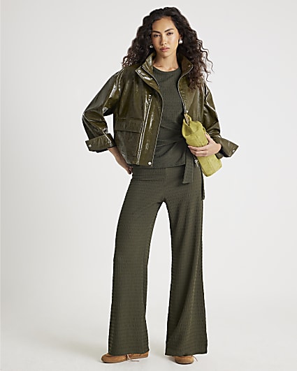 Khaki Textured wide leg Trousers