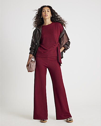 Red Textured Wide Leg Trousers