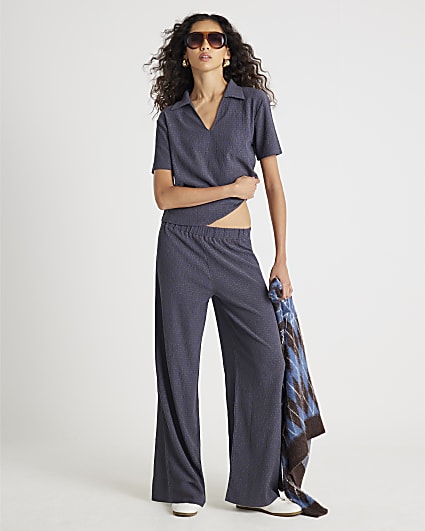 Grey Textured Wide Leg Trousers