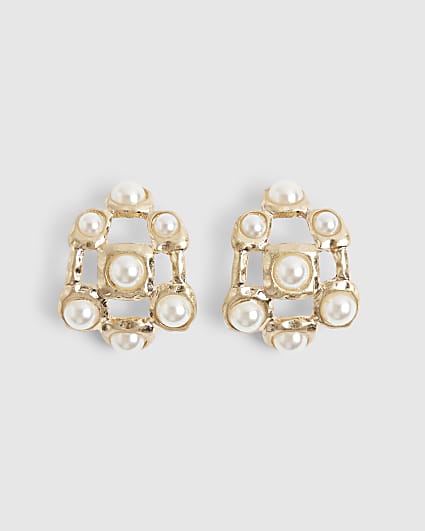 Gold pearl half hoop earrings