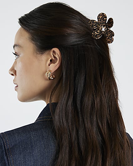 Brown Leopard Print Flower Claw Hair Clip