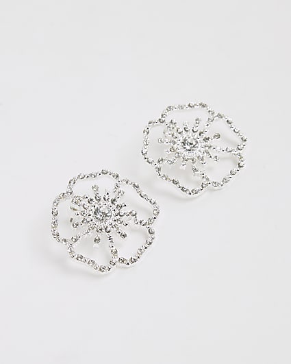 Silver Rhinestone Flower Stud Earrings