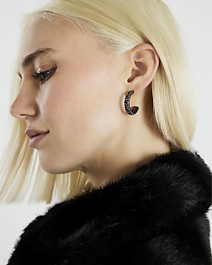 Black Rhinestone Hoop Earrings