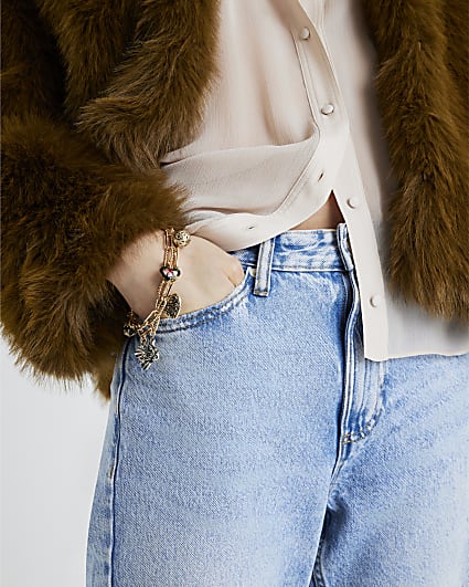 Gold Mixed Metal Charm Chain Bracelet