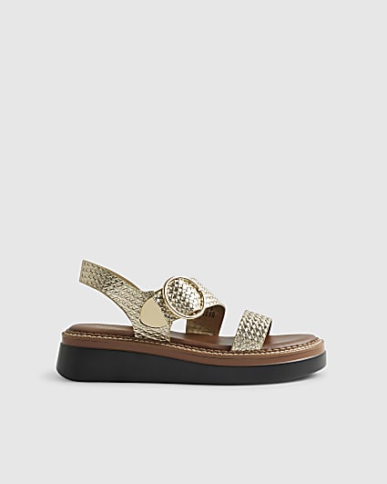 Gold Woven Buckle Flatform Sandals