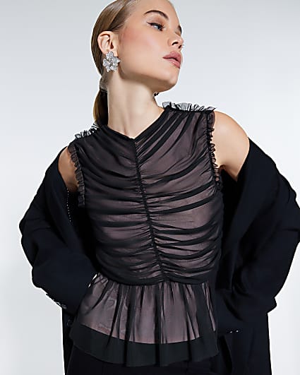 Black Mesh Contrast Ruched Top