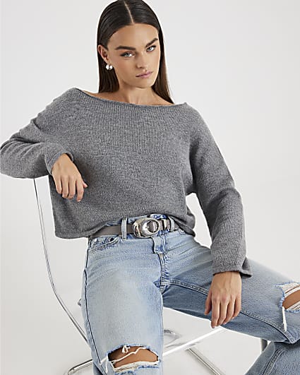 Grey Knitted Off The Shoulder Jumper