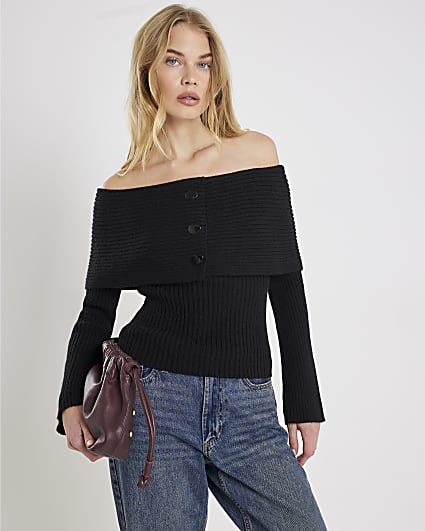 Black Knitted Long Sleeve Bardot Jumper