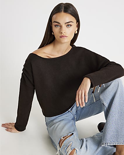 Brown Knitted Off The Shoulder Jumper