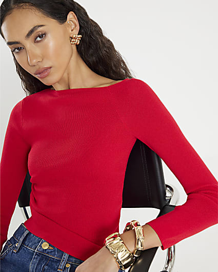 Red Long Sleeve Fitted Off Shoulder Top