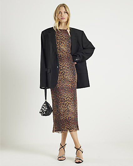 Black Mesh Leopard Print Diamante Midi Dress