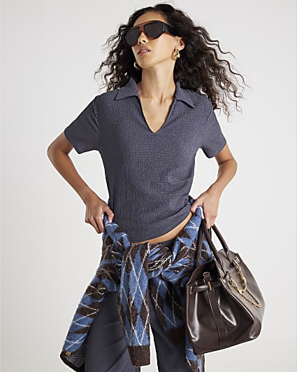 Grey Textured Short Sleeve Polo Top