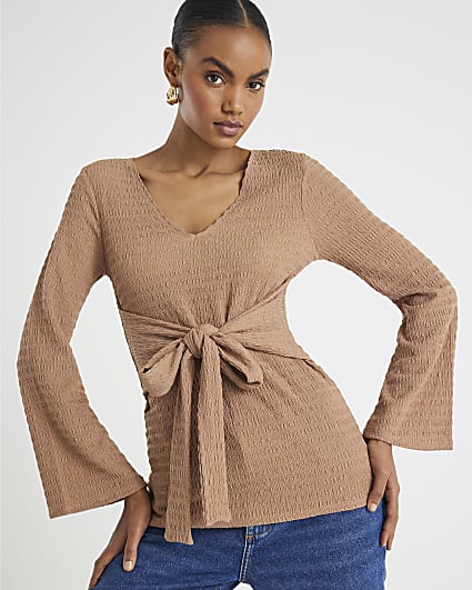 Beige Textured Long Sleeve Tie Waist Top