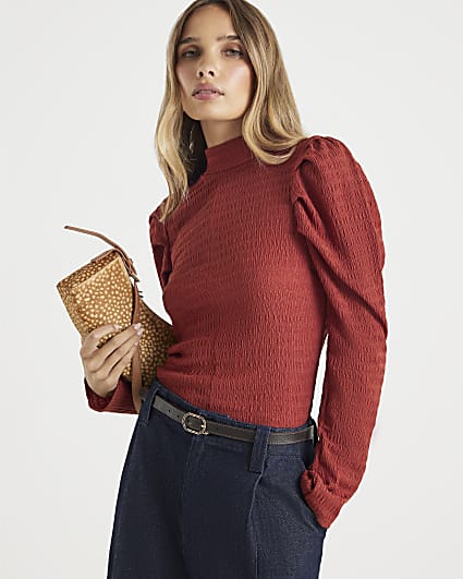 Red Long Sleeve Ruched Shoulder Textured Top