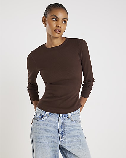 Brown Long Sleeve Ribbed Crew Neck Top