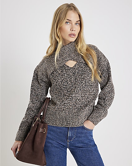 Grey Knit Twist Detail Cut Out Jumper