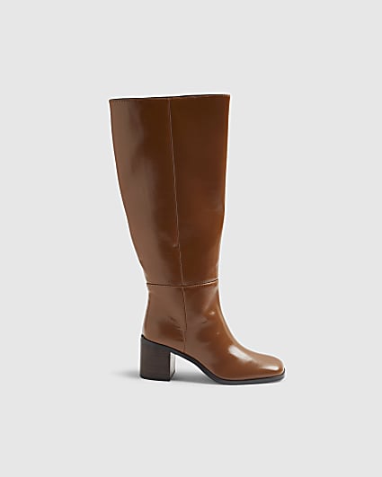 Brown Block Heel High Leg Boots