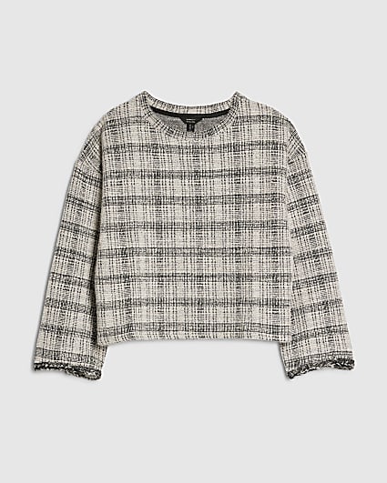 Petite Grey Boucle Check Print Top