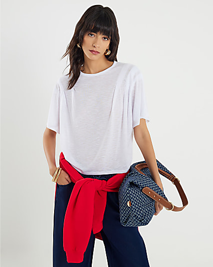 White Short Sleeve Shoulder Pleat Tee