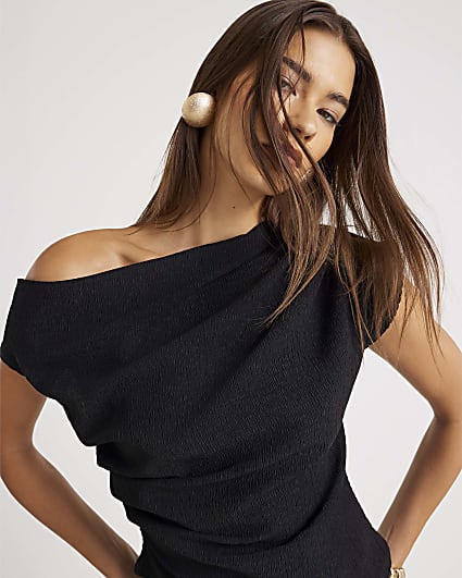 Black Textured Short Sleeve Off Shoulder Top