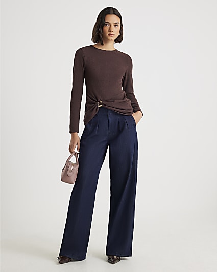 Brown Long Sleeve Textured Trim Hem Top