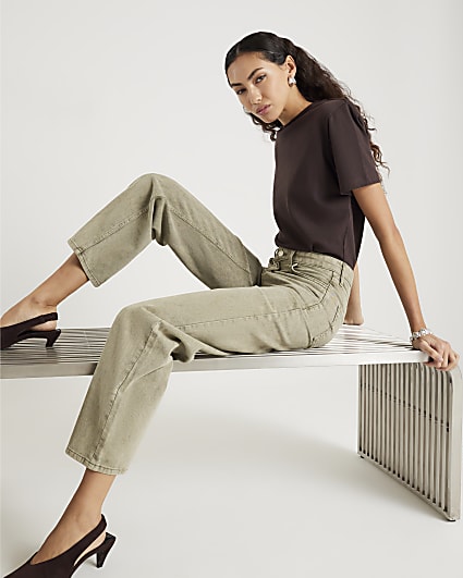 Green High Rise Relaxed Straight Leg Jeans