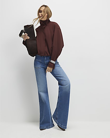 Blue Button Detail Pocket Front Flared Jeans