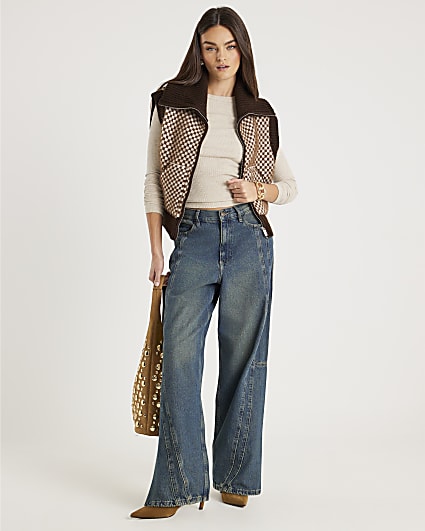 Brown Knit Check Print Sleeveless Zip Jacket