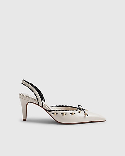 White Piped Bow Sling back Court Heels