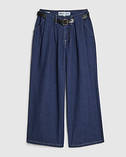 Petite Blue Belted Pleated Wide Leg Jeans