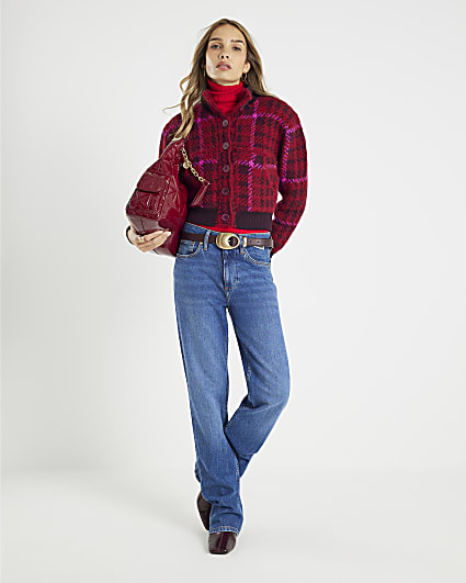 Red Knitted Check Bomber Jacket