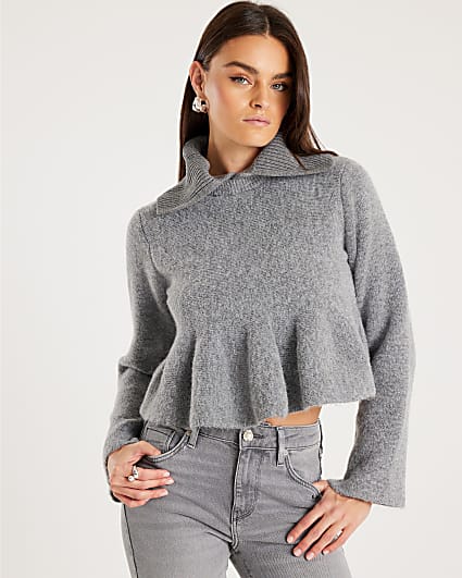 Grey Knit Collared Peplum Jumper