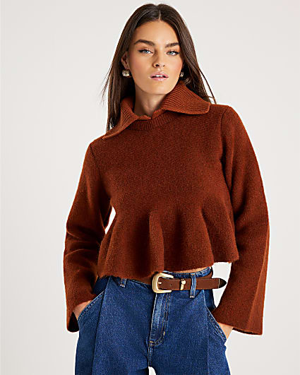 Orange Knit Collared Peplum Jumper