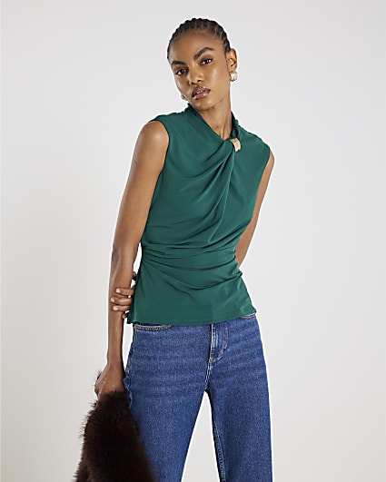 Green Sleeveless Ruched Gold Detail Top