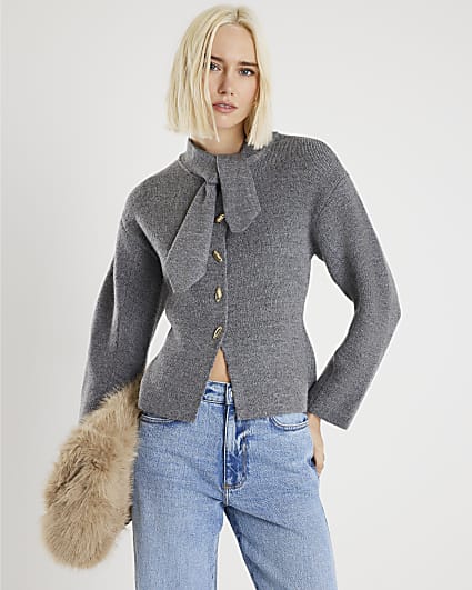 Grey Knitted Tie Neck Cardigan