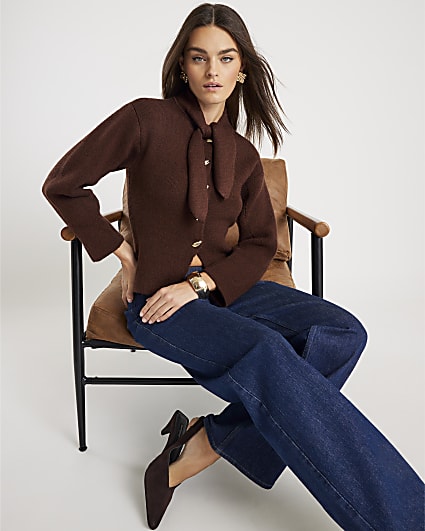 Brown Knitted Tie Neck Cardigan