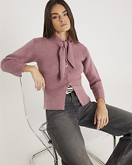 Pink Knitted Tie Neck Cardigan