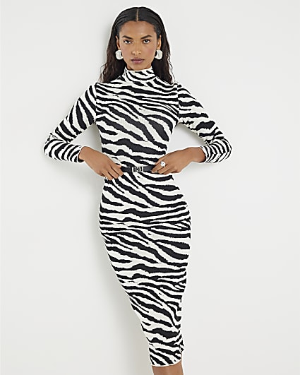 Black Knit Zebra Belted Midi Dress